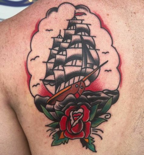 American Traditional Ship Back Tattoo