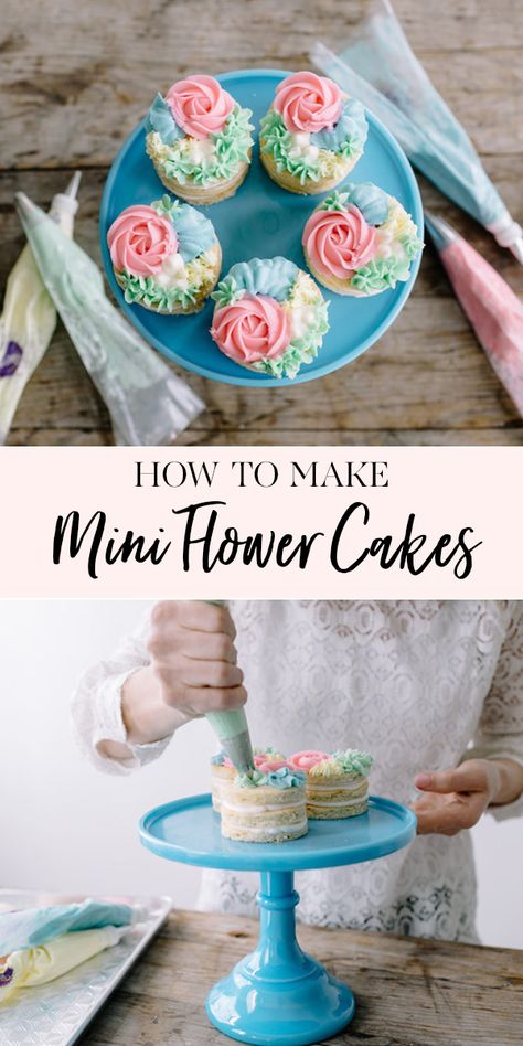 How to Make Mini Flower Cakes | DIY cake tutorials | mini cake tutorial | cake and icing tutorial | flower themed mini cakes | cake tutorial | fun cake recipes | spring cake recipes || JennyCookies.com #recipe #cakes #minicakes #flowercakes #caketutorial #cakedecorating #minicaketutorial #jennycookies Mini Cakes Tutorial, Spring Cakes Recipes, Cupcakes Flores, Cake Decorating Flowers, Jenny Cookies, Diy Wedding Cake, Flower Cakes, Spring Cake, Vanilla Cake Mixes