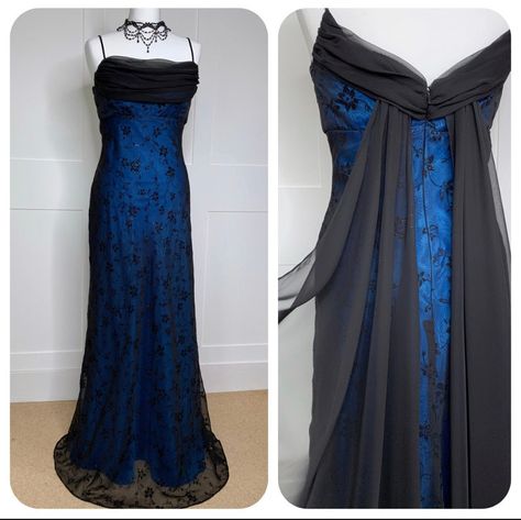 Prom Dresses Blue And Black, Y2k Hollywood, Blue Flowery Dress, 90s Formal Dress, Whimsical Dresses, Homecoming Inspo, Dark Blue Prom Dress, Blondie Nites Dress, Medieval Things