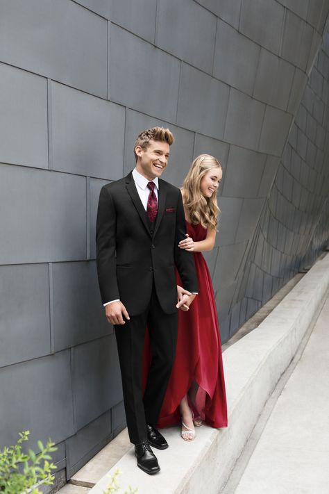 Black Suit Colored Tie, Tuxedo With Red Tie, Couple Church Outfits, Black Suit With Red Tie, Black Suit Red Tie, Prom Dress Makeup, Tuxedo For Prom, Formal Fall Wedding, Suit With Red Tie