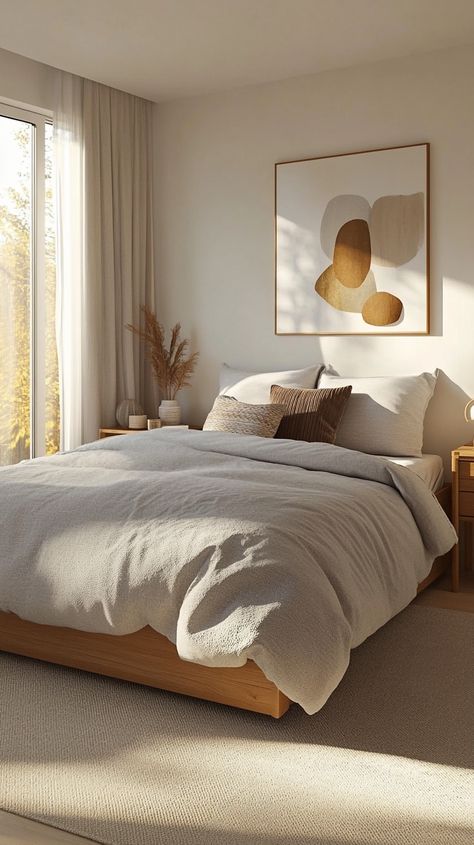 A cozy modern bedroom in Scandinavian style, featuring a king-size bed with a soft gray duvet, wooden nightstands, and abstract wall art. Warm sunlight spills through large windows, enhancing the serene feel. Scandanavian Interiors Bedroom, Wooden Nightstands, Cozy Scandinavian Bedroom, Scandanavian Interiors, Scandinavian Bedroom Design, Interiors Bedroom, Cozy Scandinavian, Apartment Designs, Scandinavian Design Bedroom