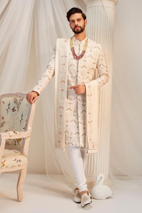 Ivory Raw Silk Floral and Bead Embroidered Sherwani Set Rachit Khanna, Glass Beads Embroidery, Ivory Sherwani, Embroidered Sherwani, Sherwani Groom, Fashion Drawing Tutorial, Wedding Sherwani, Fashion App, Sherwani