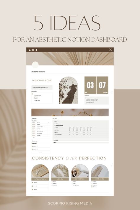 Notion Dashboard Ideas Aesthetic, Notion Dashboard Ideas, Notion Aesthetic, Scorpio Rising, Notion Dashboard, Business Fonts, Digital Organization, Theme Template, Dashboard Template