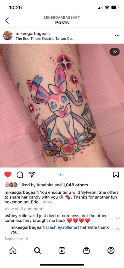 Sylveon Tattoo Ideas, Eeveelutions Tattoo, Sylveon Tattoo, Eevee Tattoo, Pokemon Tattoo, Cute Little Tattoos, Tattoo Desings, Painting Tattoo, Fairy Tattoo