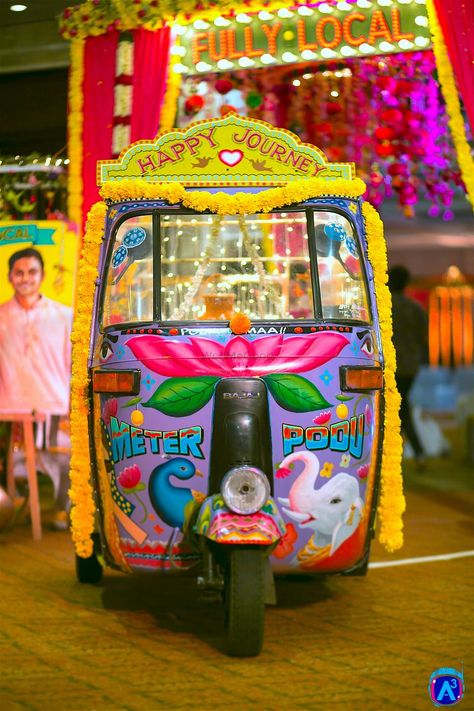 Photo of Genda phool autorickshaw as prop Fonda Paisa, Ceremony Decorations Outdoor, Wedding Wallpaper, Wedding Ceremony Seating, Auto Rickshaw, Booth Wedding, Mehndi Decor, Ceremony Seating, Wedding Photo Booth