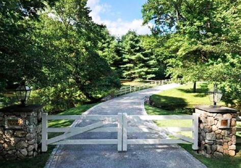 Farm Gates Entrance, Gated Entrance, Driveway Entrance Landscaping, Farm Entrance, Garden Gates And Fencing, Greenwich Connecticut, Spring House, Driveway Entrance, Farm Gate