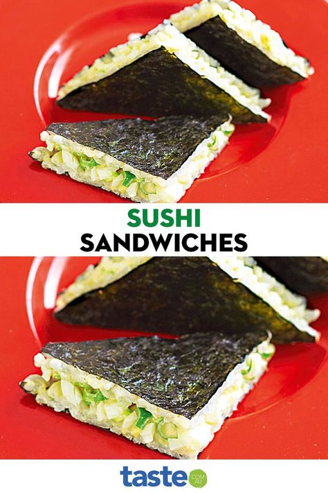 You don't need to get out the rolling mat with this clever sandwich style version. Feel free to add your favourite sushi fillings (ours is teriyaki chicken!) Chicken Sushi Rolls, Sushi Fillings, Chicken Sushi, Sushi Style, Seaweed Wrap, Sushi Sandwich, Sushi Recipes, Japanese Dishes, Rice Balls