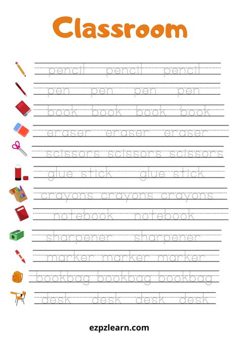 Classroom Objects Word Tracing Worksheet - Ezpzlearn.com School Supplies Tracing Worksheet, Stationary Worksheet, Classroom Objects Activities, Classroom Objects Worksheet, School Objects Worksheet, Grade 1 Reading Worksheets, Word Tracing Worksheets, Easy Math Worksheets, Word Tracing