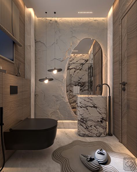 an elegant bathroom with stone and wood cladding to give it a natural touch. #bathroom #stone_clading #wood_cladding #modern_bathroom #beige_bathroom #modern_interior Bathroom With Stone, Stone And Wood, Interior Tiles, Stone Bathroom, Wood Cladding, Spa Room, Stone Walls, Mansion Interior, Dream Bathrooms