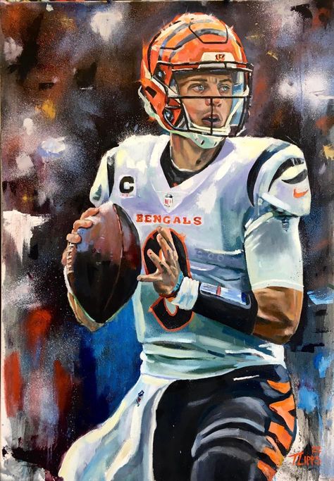 Joe Burrow Bengals, Football Paintings, Sports Artwork, Joe Borrow, Ohio Football, Cincinnati Bengals Football, Nfl Football Art, Nike Art, Bengals Football