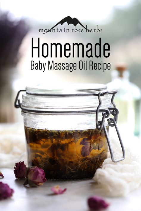 Gentle massage promotes wellness and closeness for new humans and new mothers alike, so try this nourishing herb-infused oil for some hands-on TLC! Massage Oil Recipe, Massage Oils Recipe, Salve Recipes, Mountain Rose Herbs, Massage Oils, Herbal Recipes, Herbal Apothecary, Herbal Healing, Baby Massage