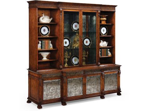 Jonathan Charles Home Office Large Äglomisä Breakfront Bookcase 492258-WAL - Douglas Furniture Dining Room Cabinets Built In, Breakfront Cabinet, Breakfront China Cabinet, Annie Leonhardt, Breakfront Bookcase, Dining Room Cabinet, Large Bookcase, Entertaining Decor, Room Shelves