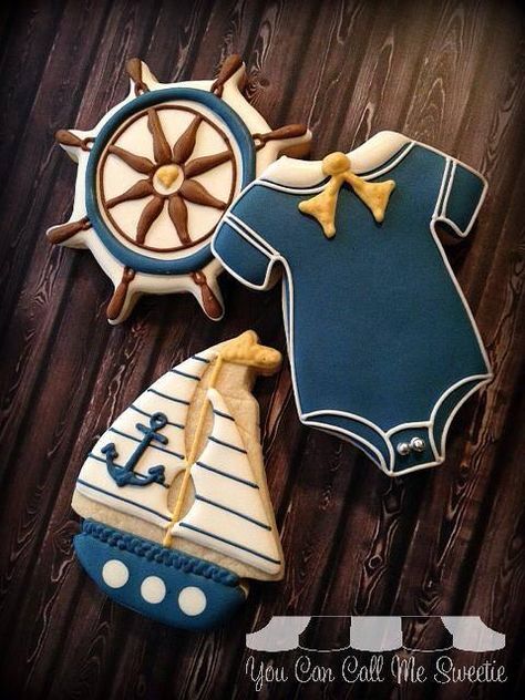 Galletas pr Baby Shower con el tema de marinero. Cookie Connection, Baby Cookies, Pretty Cookies, Nautical Baby Shower, Shower Cupcakes, Fancy Cookies, Creative Cookies, Nautical Baby, Beautiful Cookies