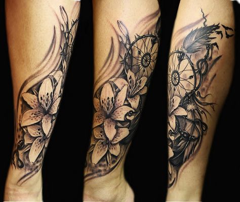 lilies and dream catcher tattoo realistic black and grey steli | Flickr - Photo Sharing! Sunflower Tattoo Sleeve, Sunflower Tattoo Shoulder, Dream Catcher Tattoo Design, Flower Tattoo Drawings, Dream Catcher Tattoo, Skeleton Hand Tattoo, Sunflower Tattoos, Lily Tattoo, Elephant Tattoos