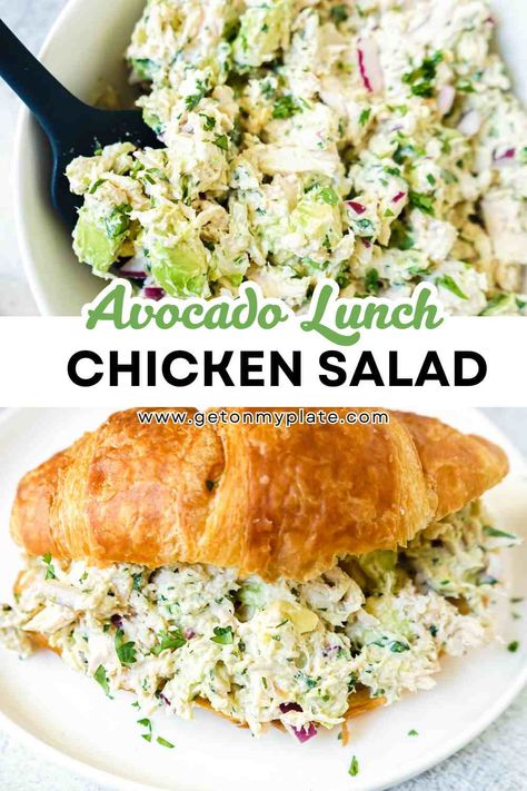 This Avocado Chicken Salad is the perfect high protein lunch or light dinner! This easy chicken salad recipe is a healthy salad that's packed with flavor and simple to make. It's made with mayo (but swap Greek yogurt for extra protein), creamy avocado, and a burst of fresh lime juice. Try this avocado chicken salad recipe for your next quick and healthy lunch salad! You can also enjoy it as an avocado chicken salad sandwich, wrap, or over mixed greens for a healthy low carb option. Healthy Chicken Avocado Recipes, Avocado Chicken Recipes, Chicken Salad With Avocado, Avocado Lunch, Easy Chicken Salad Recipe, Chicken Avocado Salad, High Protein Lunch, Healthy Lunch Salad, Avocado Chicken Salad Recipe