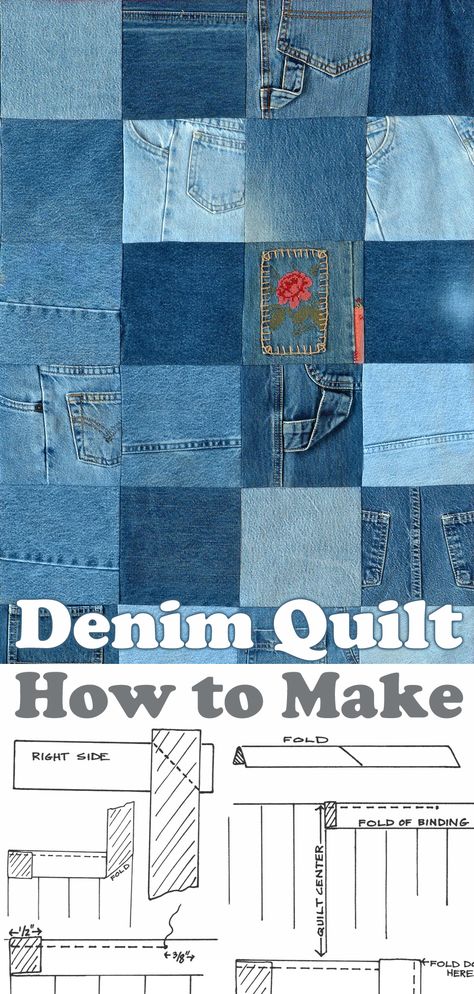 How To Make A Denim Quilt Using Old Jeans Jean Wells Quilts, Easy Denim Quilt, Denim Quilts Old Jeans Diy, Denim Upholstery Old Jeans, Denim Quilt Backing Ideas, Denim Sewing Projects, Denim Patchwork Quilt Old Jeans, Denim And Bandana Quilt, Blue Jean Quilts