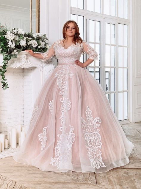 Plus Size Wedding Dresses Blush Pink, Plus Size Brides Bohemian, Rose Gold Plus Size Wedding Dress, Pink Wedding Dress Curvy, Big Sleeve Wedding Dress Plus Size, Color Wedding Dress Plus Size, Light Pink Plus Size Wedding Dress, Davids Bridal Wedding Dresses Plus Size, Corset Wedding Dress Plus Size A Line