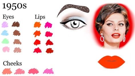 1950s Makeup Tutorial, 1950 Makeup, Decade Makeup, 50s Hair And Makeup, Grease Fashion, 1950s Color Palette, 50's Makeup, 50s Italy, 1950 Aesthetic