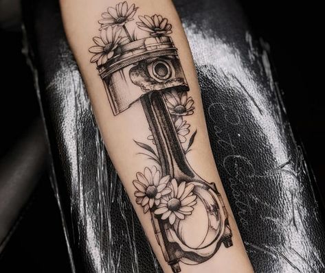 Diesel Mechanics Tattoo, Luke Tattoo, Wrench Tattoo, Piston Tattoo, Travel Tattoo Ideas, Bull Skull Tattoos, Cute Thigh Tattoos, Sunflower Tattoo Sleeve, Cowboy Tattoos