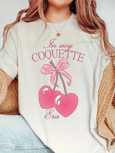 Cherry Print Drop Shoulder T shirt Short Sleeve Crew Neck - Temu Prints For Tshirts Ideas, Customized T Shirts, Pink Cherry Aesthetic, T Shirt Design Aesthetic, Aesthetic T Shirt Design, Aesthetic Tshirt Design Ideas, Contact Aesthetic, Coquette T Shirt, Girly Tshirt