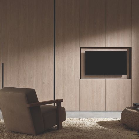 Alterna hinged wardrobe with Ciak door, Gola door and closet door in mink oak, TV-module with mink oak doors. Tv Closet, Tv On Closet Door, Tv Inside Wardrobe, Tv On Wardrobe Door, Concealed Door In Clad Wall, Tv Within Wardrobe, Lcd Panel With Hidden Door, Wardrobe Tv, Oak Wardrobe