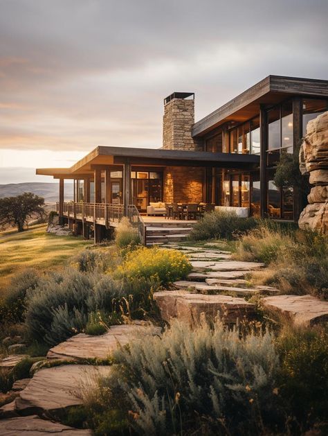 Long Patio Ranch Home Sunset Modern Ranch Landscaping, Rancho House Ranch Homes, Ranch House Aesthetic, Modern Ranch Style Homes, Desert Ranch, Ranch Home Remodel, Modern Ranch House, Home Sunset, Prairie Home