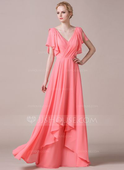 [£102.00] A-Line/Princess V-neck Floor-Length Chiffon Bridesmaid Dress With Cascading Ruffles Bridesmaid Robes Floral, Floor Length Chiffon Bridesmaid Dresses, Next Dresses, Cascading Ruffles, Dress 2015, Floral Robes, Cheap Bridesmaid Dresses, Dresses Bridesmaid, Gala Dresses