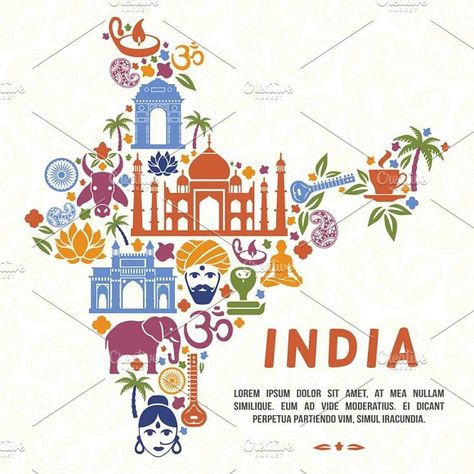 Traditional Indian symbols. Travel Icons Indian Drawing, Map Of India, Indian Symbols, India Poster, India Painting, Indian Illustration, India Images, Tourism Day, India Map