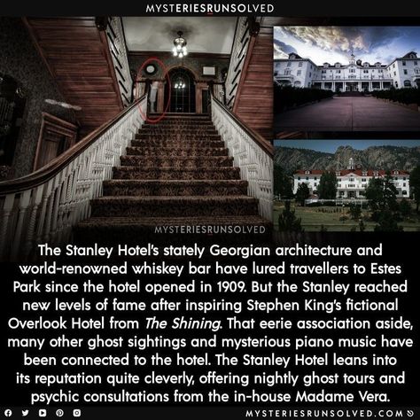 Paranormal Facts, Ghost Caught On Camera, Stanley Hotel, The Stanley Hotel, Paranormal Stories, Ghost Sightings, Overlook Hotel, Haunted History, Creepy Facts