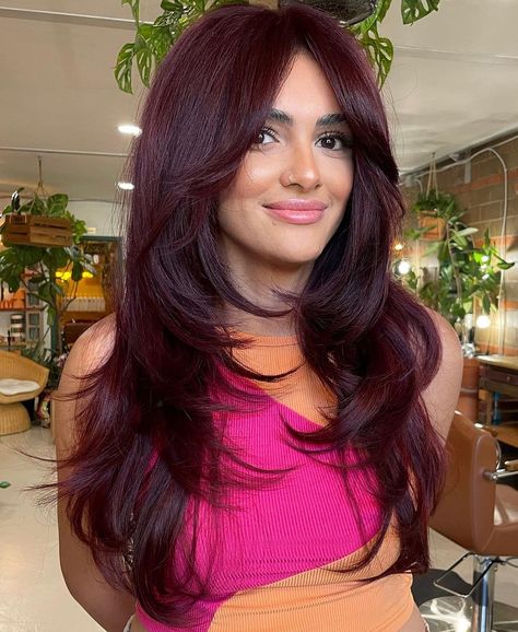 Long Burgundy Hair with Bouncy Layers Long Burgundy Hair, Burgundy Hair Colors, Deep Burgundy Hair Color, Hair Color For Warm Skin Tones, Burgundy Hair With Highlights, Burgundy Butterfly, Deep Burgundy Hair, Red Burgundy Hair Color, Deep Red Hair Color