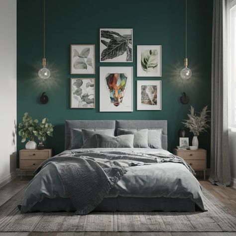 Gallery Wall Lights, Blue Green Bedroom, Creative Bedroom Ideas, Blue Green Bedrooms, Funky Bedroom, Navy Blue Bedrooms, Textured Throw Blanket, Creative Bedroom, Green Bedroom