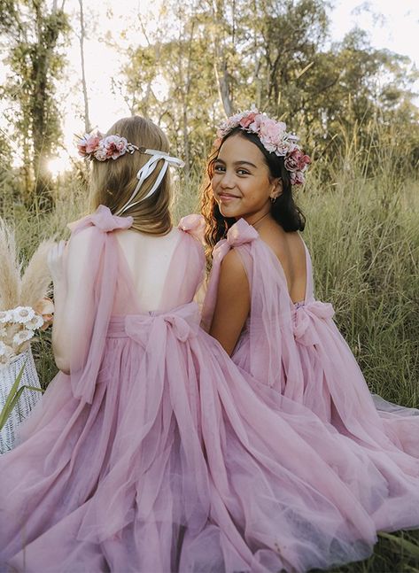 A-Line Scoop Neck Sleeveless Tulle Flower Girl Dresses With Bow(s) Dusty Rose Flower Girl Dress, Dresses With Bow, Girls Special Occasion Dresses, Girls Floral Dress, Tulle Flower Girl, Tulle Flowers, Dusty Rose Dress, Flower Girl Dresses Tulle