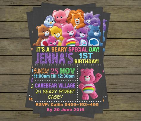 Carebear Care Bear girls Birthday Party Invitation Digital File; You Print - DIY - printable by PYOpartyinvites on Etsy https://www.etsy.com/listing/253656824/carebear-care-bear-girls-birthday-party Care Bear Birthday Party, Bear Birthday Party Invitations, Care Bears Birthday Party, Care Bear Party, Birthday Party Images, Care Bear Birthday, Bear Birthday Party, Girl Birthday Party Invitations, 1st Birthday Party Themes