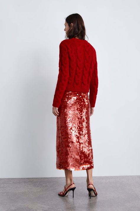 Image 5 of SEQUINNED SKIRT from Zara Green Sequin Skirt Outfit, Red Sequin Skirt Outfit, Red Monochromatic Outfit, Glitter Skirt Outfit, Red Sequin Skirt, Green Sequin Skirt, Red Vibe, Sequin Skirt Outfit, Glitter Skirt