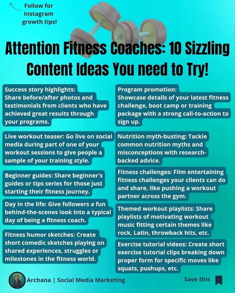 🏋️Fitness Content Goldmine! 10 Killer Ideas Coaches Shouldn't Ignore. As a fitness coach, keeping your content calendar fresh and engaging can be an ongoing challenge. That's why I've compiled 10 versatile content ideas that cover the promotional, educational, and entertaining angles. This diverse array of content concepts lets you connect with your audience, establish authority, promote offerings, and inject some fun - all essential for an effective fitness coach content strategy. Feel f... Health And Fitness Content Ideas, Fitness Content Ideas, Fitness Content, Fitness Branding, Coach Branding, Instagram Branding Design, Fitness Coaching, Content Calendar, Instagram Branding