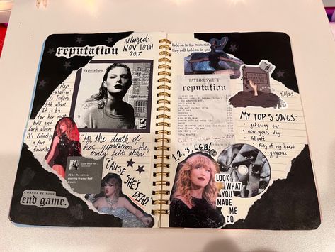 #journaling #taylorswift #reputation #aesthetic Taylor Swift Reputation Scrapbook, Reputation Journal Page, Reputation Scrapbook, Taylor Swift Notebook Ideas, Taylor Swift Scrapbook Ideas, Taylor Swift Journal Pages, Taylor Swift Scrapbook, Taylor Swift Journal, Song Journal