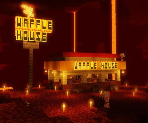 Minecraft Dance Club, Food Houses Minecraft, Minecraft Fast Food Places, Minecraft Waffle House, Minecraft Menu Banner, Minecraft Apple House, Minecraft Puzzle Ideas, Cursed Minecraft Builds, Minecraft Clutter Ideas