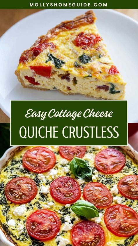 Looking for an easy breakfast idea? Try this savory crustless cottage cheese quiche! Packed with protein and veggies, it's perfect for any meal. Customize with your favorite herbs and spices for extra flavor. The whole family will love this satisfying dish!

Ingredients
1/3 cup chopped white or sweet onion
2 cloves garlic, minced
16 oz low-fat or fat-free cottage cheese
10 oz frozen chopped spinach, thawed and squeezed dry
1/2 cup diced tomatoes, seeded
2.5 oz crumbled light feta cheese, either Cottage Cheese Crustless Quiche, Cheese Quiche Crustless, Recipes Using Cottage Cheese, Cottage Cheese Quiche, Quiche Crustless, Low Calorie Pancakes, Spinach Quiche Recipes, Cheese Crust, Spinach Quiche