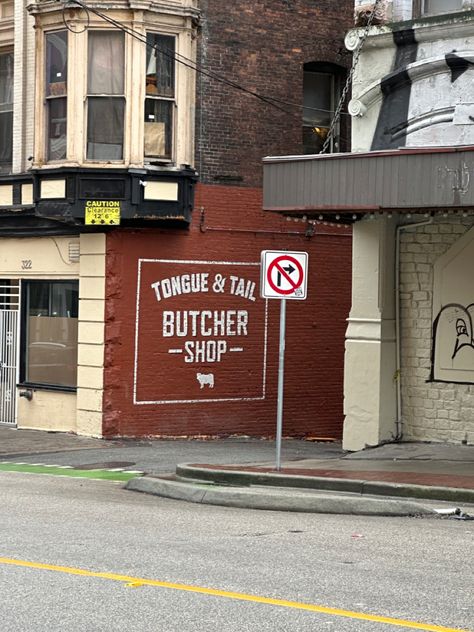 Butcher Shop Aesthetic, Butcher Aesthetic, Mural Signage, Aesthetic Vancouver, Butcher Store, Local Butcher Shop, Maroon Aesthetic, Store Front Windows, Dead Boy