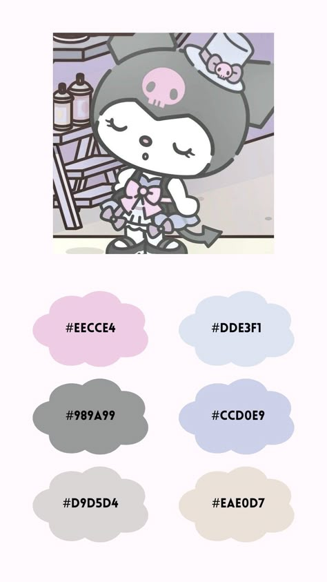 (ctto on the kuromi pic!) Kuromi - pallette - pallet - pastel Hello Kitty Pallete, Color Pallets Cool Tones, Sanrio Colour Palette, Sanrio Color Pallete, Hello Kitty Color Palette, Kuromi Reference, Sanrio Color Palette, Kuromi Color Palette, Pastel Goth Color Palette