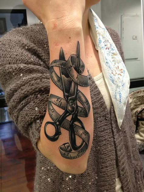 Scissors & Tape Measure Tattoo Measuring Tape Tattoo, Tailor Tattoo Ideas, Tape Measure Tattoo, Measure Tattoo, Fashionable Tattoos, Tape Tattoo, Sewing Tattoo, Tattoo Locations, Enough Tattoo