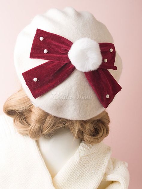 Beret Hat Bow, Crochet Toddler, Red And White Christmas, Trendy Hat, Diy Hat, Beret Hat, Sweet Lolita, Head Accessories, Cute Hats