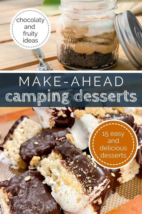 a mason jar dessert and rice crispy s'mores treats that are easy make-ahead camping desserts Keto Camping Food Ideas, Keto Camping Food, Make Ahead Keto, Keto Camping, Easy Campfire Meals, Breakfast Cereal Bars, Campfire Desserts, Camping Desserts, Camping Dinners