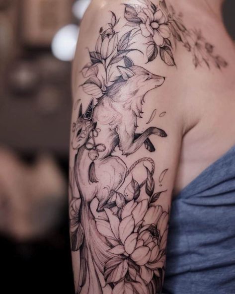 Fox Flowers Tattoo, Floral Fox Tattoo, Fox Flower Tattoo, Flower Animal Tattoo, Cute Fox Tattoo, Floral Animal Tattoo, Fox Tattoo Meaning, Small Fox Tattoo, Red Fox Tattoos