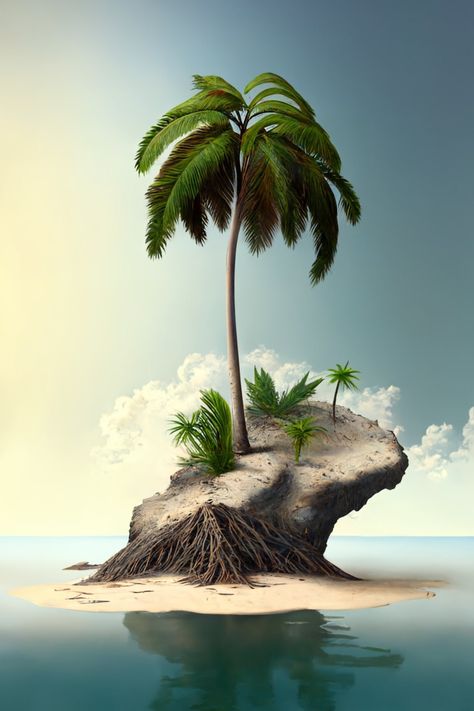 Desert Island Survival, Coconut Island, Art Folio, Small Palm Trees, Island Survival, Deserted Island, Painting Picture, Desert Island, One Tree