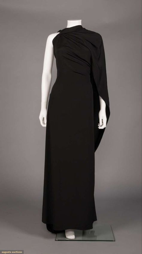 Unlabeled black silk crepe bias cut evening gown AW 1936 w/ mobius panel encirlcing right shoulder across neckline & over left shoulder to hem, side decollete to plunging V-back, couture construction, Madeleine Vionnet, B 36", W 26", H 34" L 59-64", excellent. Madeleine Vionnet, Afternoon Dress, French Fashion Designers, Elsa Peretti, Clothing And Textile, 1930s Fashion, Edwardian Fashion, Textiles Fashion, Historical Clothing