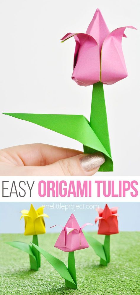 Learn how to make an origami tulip in 15 minutes or less with our simple step by step tutorial! These paper tulips are so pretty and SO EASY to make! Make a whole bouquet and give it as a gift for Easter, Mother's Day, a birthday, wedding, anniversary, or any special occasion. It's such a fun spring craft for both kids and adults! Paper Flower Boquet, Origami Easy Flower, Origami Tulip, Paper Tulips, Paper Folding Crafts, Rolled Paper Flowers, Halloween Paper Crafts, Rose Crafts, Origami Rose