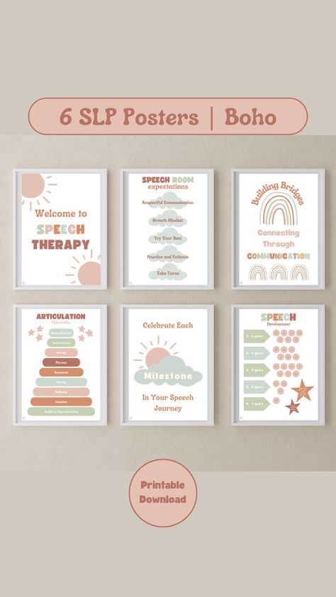 These Boho Natural Theme Speech Therapy Posters are the perfect bundle for you. For a calm and relaxed atmosphere in your speech room, take a look at what is included in this purchase!

It includes a mix of educational and aesthetic. The posters are:
1. Welcome to Speech Therapy
2. Speech Room Expectations
3. Articulation Hierarchy
4. Speech Development Norms
5. "Celebrate each Milestone in Your Speech Journey" sign
6. "Building Bridges: Connecting Through Communication" sign Slp Posters, Welcome To Speech, Pastel Color Theme, Speech Therapy Posters, Speech Therapy Room, Office Decor Wall Art, Building Bridges, Boho Poster, Speech Room