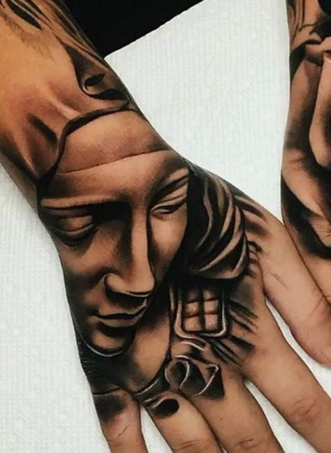 Blessed Tattoo For Men, Angel Hand Tattoo, Money Bag Tattoo, Blessed Tattoos, Hand Tattoo Designs, St Dymphna, Mary Tattoo, Latino Art, Chicano Tattoo