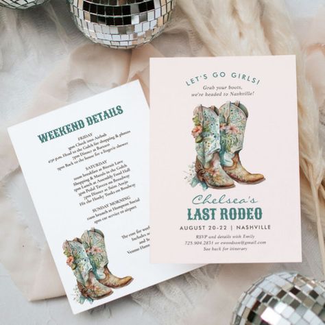 Nashville Last Rodeo Boots Bachelorette Party Invitation Last Rodeo Bachelorette, Rodeo Dress, Rodeo Bachelorette, Bachelorette Weekend Itinerary, Last Rodeo, Rodeo Boots, Nashville Bachelorette Party, Bachelorette Party Invitation, Weekend Itinerary